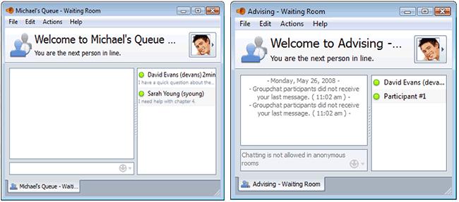 The Waiting Room Window The Waiting Room window is what users see when they have joined a Queued Chat but have not yet been