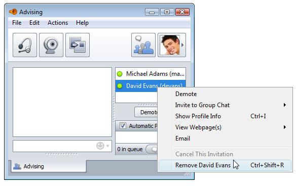 Removing a Participant from a Queued Chat In addition to promoting and demoting users between the Main Room and the Waiting Room, the owner of a Queued Chat can also remove a user from the session