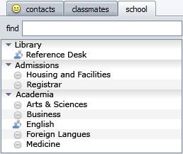 The School Tab The School tab is visible next to the Contacts and Classmates tabs in the Pronto window if your institution has activated at least one Help Desk.