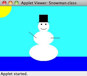 // Snowman.java Author: Lewis/Loftus // // Demonstrates basic drawing methods and the use of color. import javax.swing.japplet; import java.awt.