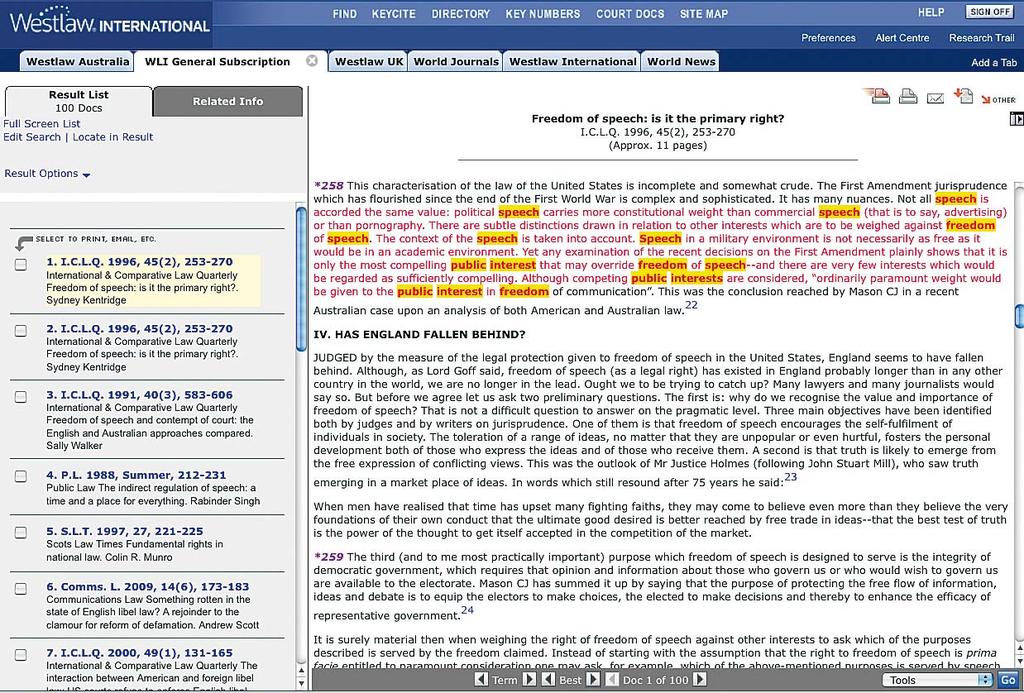 The text of the document is displayed in the right frame. Note: The results below represent a natural language search for the terms freedom of speech public interest.