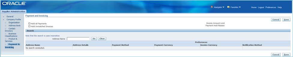 Payment and Invoicing The Payment and Invoicing section will allow you to select payment method(s) by address (site).