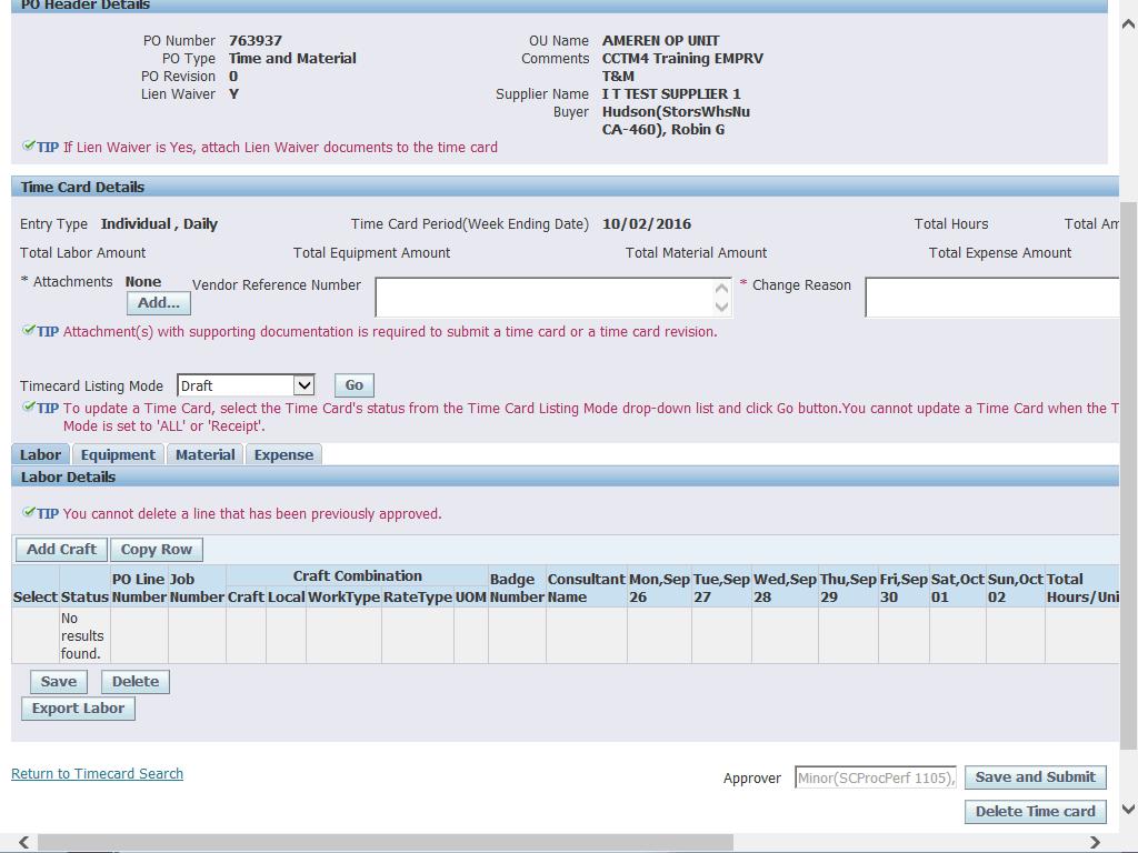 4. When creating a manual Time & Materials Time Card, populate Select the PO and Week Ending Date fields, and click the