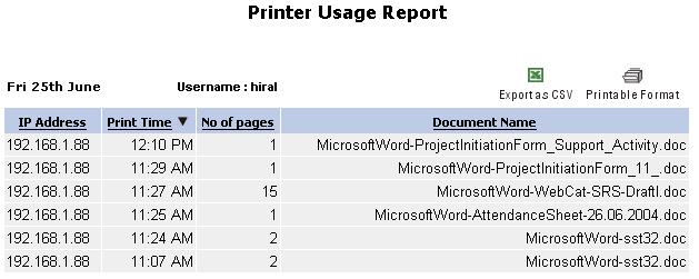 Printer Usage Date No.