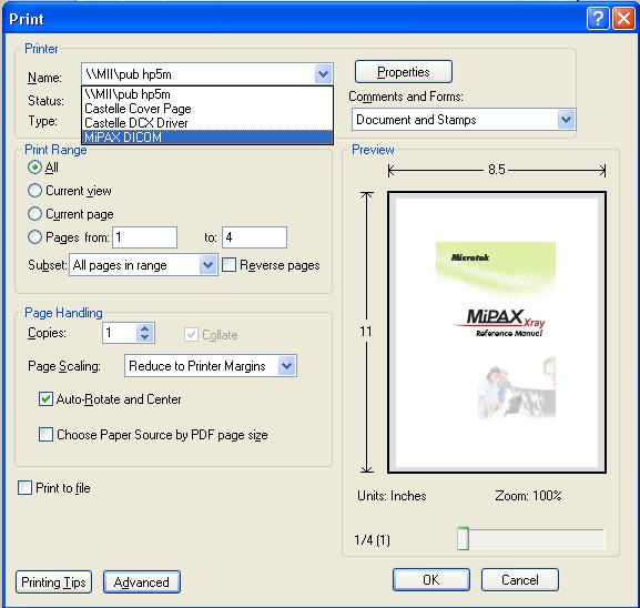 3. In the Print option menu, select "MiPAX MiDICOM" in the Name column as your desired printer. Then, click the OK button to start converting.