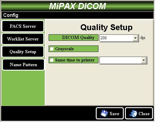 Quality Setup DICOM Quality: Allow you to set up the dpi value for when converting non-dicom files into files in DICOM format. The selectable value is 100, 150, 200 or 300 dpi. The default is 200 dpi.