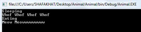 d.bark(); Cat c = new Cat(); c.eating(); c.meow(); Console.ReadKey(); Procedure: 1. Create a New C# Console Application Project and Name it as AnimalIh. 2.