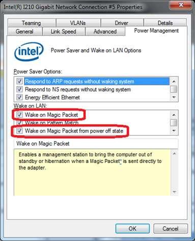 Enable Wake on Magic Packet in Configure Window Wake on Magic Packet Checking this option