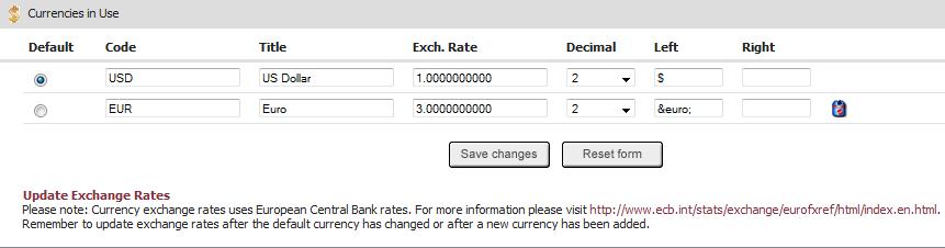 134 Pinnacle Cart User Manual v3.6.3 Figure 6-14-1: Currency page 3. Select an existing currency you want to add to Pinnacle Cart from the dropdown menu, as shown in the Figure 6-14-1 134.