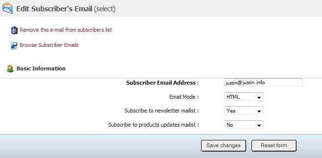 88 Pinnacle Cart User Manual v3.6.3 The Edit Subscriber's Email (select) page will open, as shown in the Figure 4-7-1 88 below.