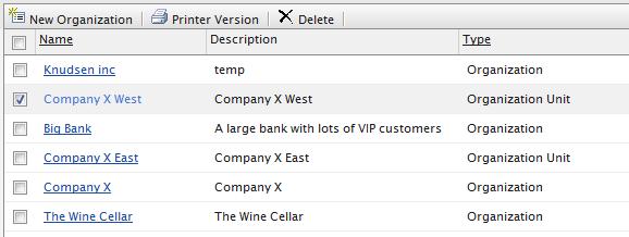 Customers 121 4. Click OK to save the organization. In the Organization Info page, the organization unit (Company X West) becomes the child to the Organization (Company X) you selected. 5.