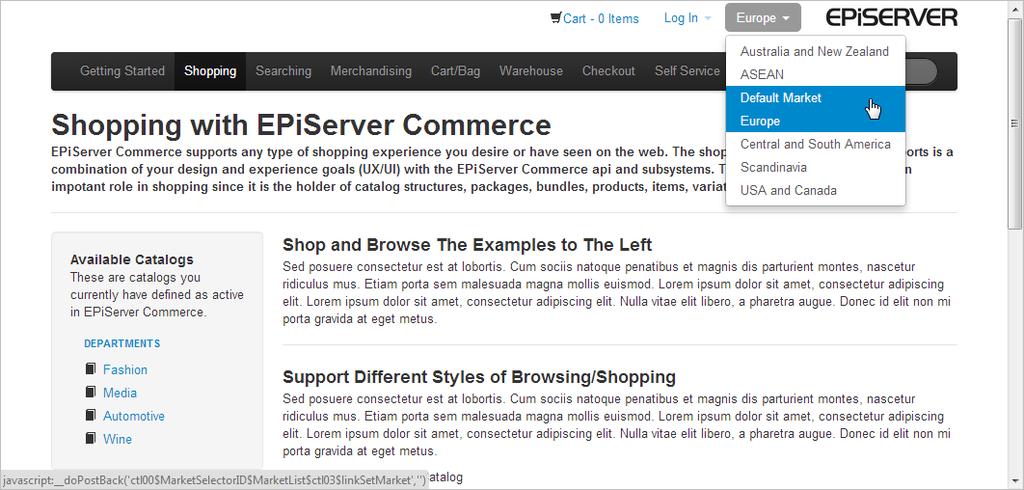 140 Episerver Commerce User Guide update 16-1 Markets A market can be a country or a set of countries, regions or specific customer groups, where you want to apply specific products, languages,