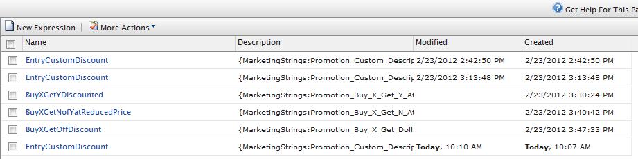 174 Episerver Commerce User Guide update 16-1 2. Click New Expression. The Expression Edit page appears. Expression Name. Enter a name for the expression, such as EntryCustomDiscount.
