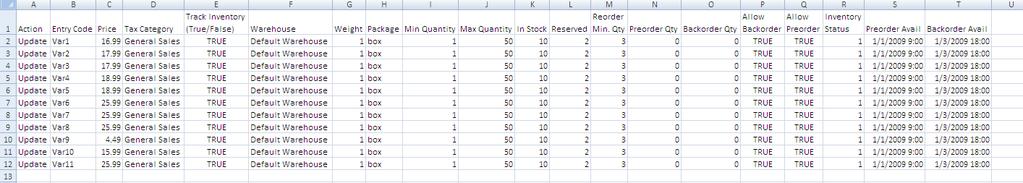 Figure 6: CSV file type 4, associations file CSV file type 5 Pricing/inventory file The pricing/inventory file specifies the information for the