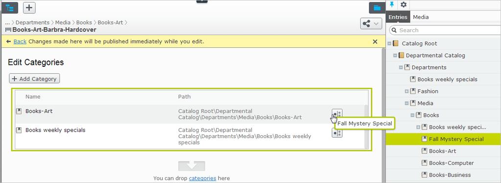 Managing a catalog 61 Click Edit categories to create category relations either by dragging categories from Entries in the Assets pane, or through the Add Category button.