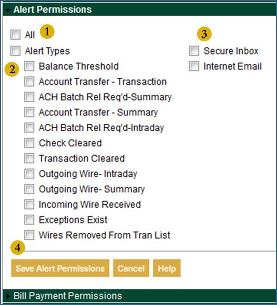 Method of Delivery Select the method of delivery for the alert notifications.* 4. Click Save Alert Permissions to save all changes.