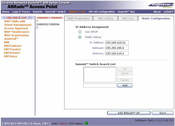 Wireless APs Address Assignment 1. After all the APs have been connected and discovered by the controller, go to the Altitude APs tab and select Static Configuration. Select an AP to configure.