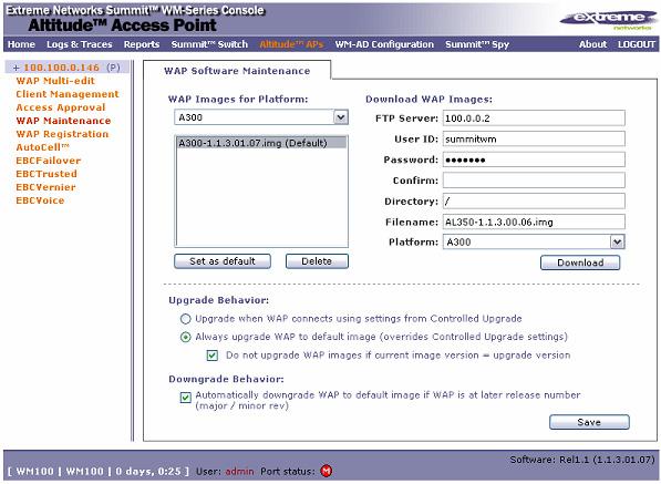 WAP Maintenance 1. Select WAP Maintenance on the left-hand side of the Altitude APs menu. 2. Select the proper image file in the WAP Images box and click Set as default. 3.