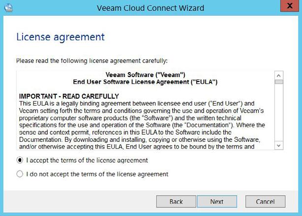 Figure 26: Accept EULA After accepting EULA, you ll see a couple more screens reminding you to make sure TCP port 6180 is open for Veeam Cloud Connect secure communications, and that you ve set a DNS