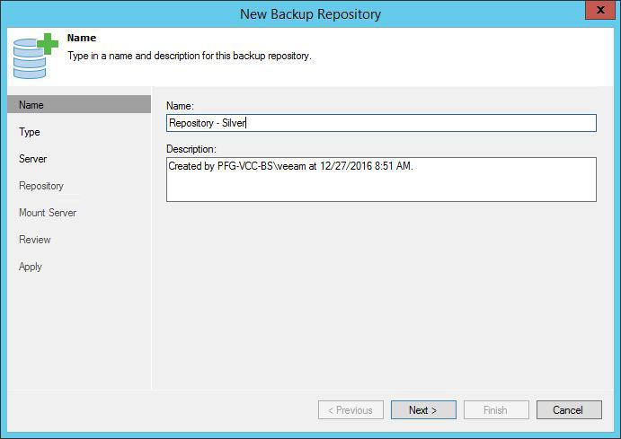 In the New Backup Repository wizard, type in the name and description for the repository.