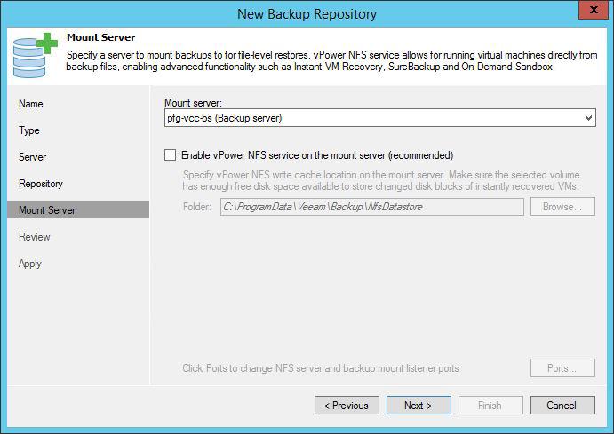 On the Mount server page, deselect Enable vpower NFS server as this cannot be used in Veeam Cloud Connect. Review your settings and create the backup repository.