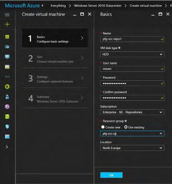 Figure 42: Search Windows Server in Azure Marketplace Just like we did for the first VM, we now have settings to configure, starting with a name for the VM (pfg-vcc-repo1 in this example), a username
