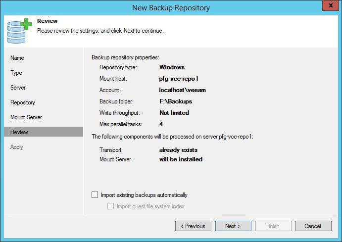 Review your settings and create the backup repository by clicking Next and