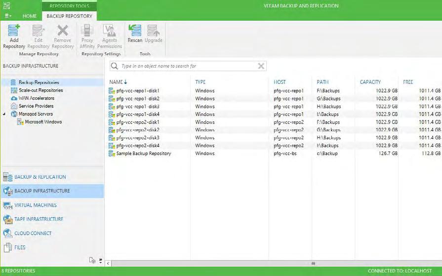 Repeat the steps described above to add all other repositories to the Veeam infrastructure. In this example, we have a total of eight repository disks spread across two virtual machines.