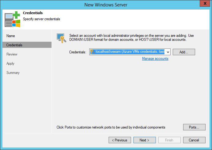 Next, enter credentials with a user that have administrative permissions locally on the VM being added.