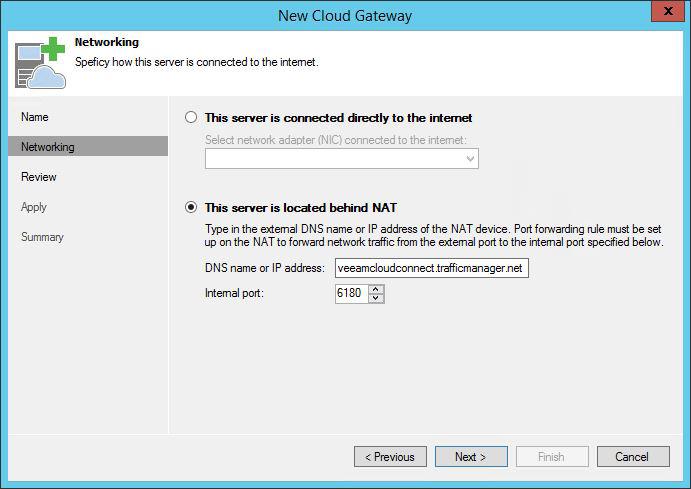 The next step is one of the most important ones for a Veeam cloud gateway. We need to specify how the server is connected to the internet, directly or through a NAT.