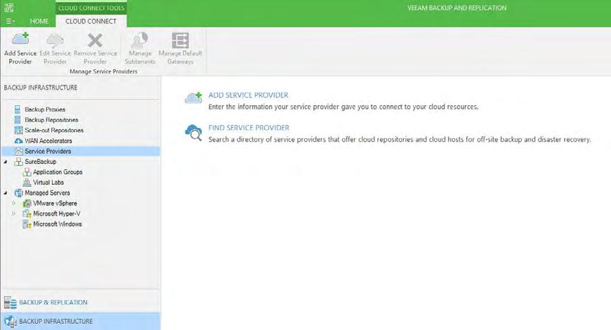 Connect to Veeam Cloud Connect in Azure In Veeam Backup & Replication, there is an option in the Backup Infrastructure UI called Service Providers.