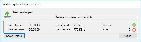 The system will now restore the file. Test 3: Recovering a virtual disk Figure 152: Restore successful The third test is a bit different.