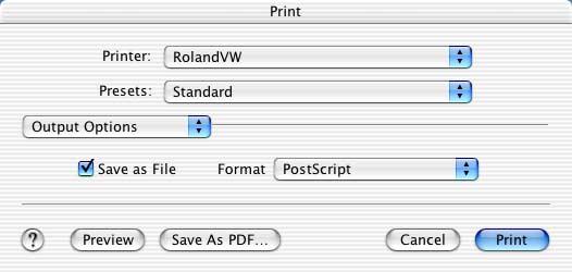 Select "RolandVW" or the printer name set at the RIP server (spooler name). P. 0, "Setting up the RIP Server" Select the media size. 4 Click [OK].