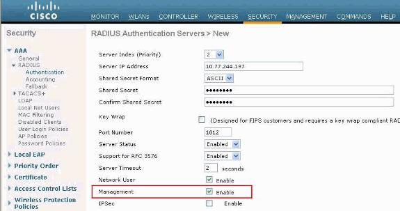 In order to perform controller management authentication with the RADIUS server, ensure that the Admin auth via RADIUS flag is enabled on the controller.