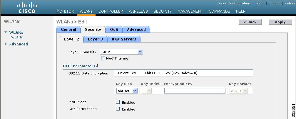 Configuring WLANs Chapter 6 Figure 6-10 WLANs > Edit (Security > Layer 2) Page Step 8 Step 9 Step 10 Step 11 Step 12 Step 13 Step 14 Step 15 Step 16 Step 17 Step 18 Choose CKIP from the Layer 2