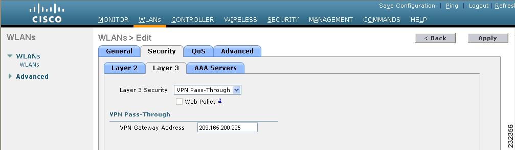 Chapter 6 Configuring WLANs VPN Passthrough Using the GUI to Configure VPN Passthrough Follow these steps to configure a WLAN for VPN passthrough using the controller GUI.