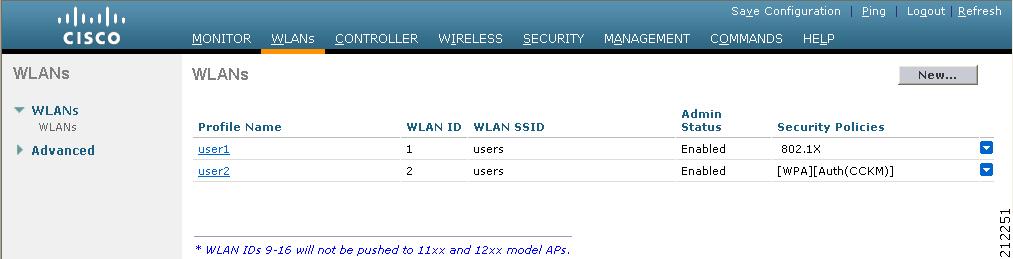 Configuring WLANs Chapter 6 Figure 6-1 WLANs Page This page lists all of the WLANs currently configured on the controller. Figure 6-1 illustrates multiple WLANs using the same SSID.