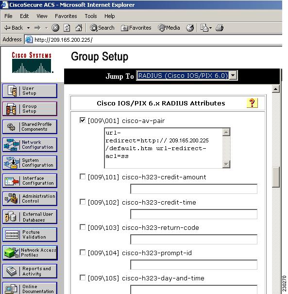 Chapter 6 Configuring WLANs Step 1 Step 2 Step 3 From the CiscoSecure ACS main menu, click Group Setup. Click Edit Settings. From the Jump To drop-down menu, choose RADIUS (Cisco IOS/PIX 6.0).