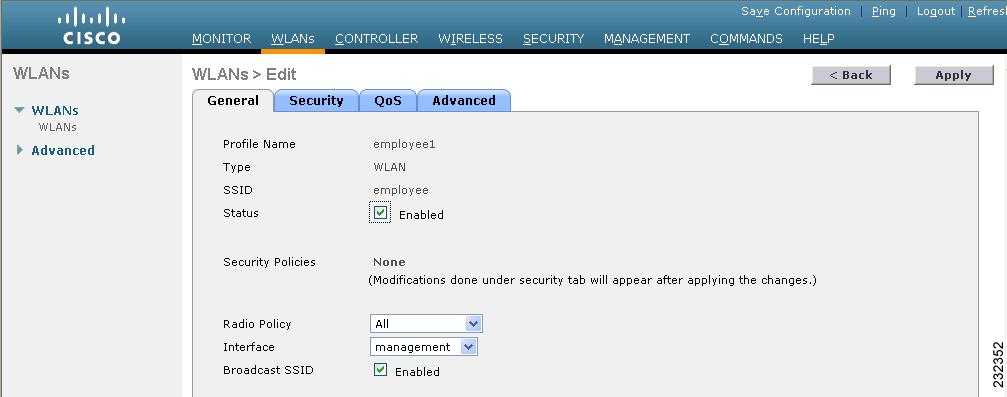 Chapter 6 Configuring WLANs Figure 6-3 WLANs > Edit Page Step 7 Step 8 Step 9 Step 10 Use the parameters on the General, Security, QoS, and Advanced tabs to configure this WLAN.