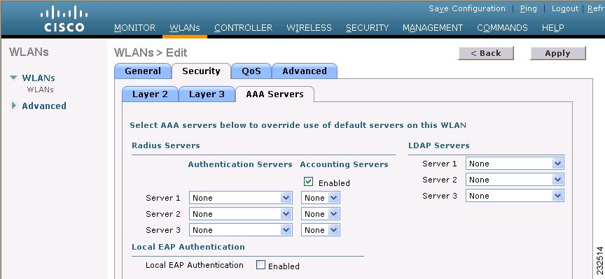 Configuring WLANs Chapter 6 Figure 6-23 WLANs > Edit (Security > AAA Servers) Page Step 4 Step 5 Step 6 Uncheck the Enabled check box for the Accounting Servers. Click Apply to commit your changes.