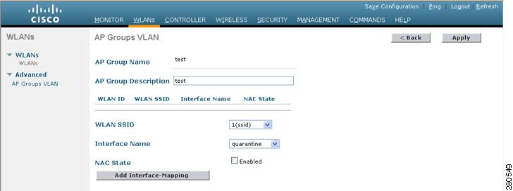 To configure NAC out-of-band support for a specific AP group VLAN, follow these steps: a. Click Advanced > AP Groups VLAN in the left menu pane to open the AP Groups VLAN page (see Figure 6-27).