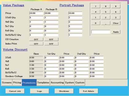 administration screen to meet the specific needs of each retailer. For example: The details of print packages can be customised: i.e., the price, the quantity for each print size, etc.