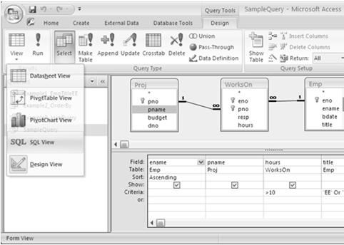 Microsoft Access Querying Basics 1) Projection is performed by selecting the fields in the output in the field row in the table at the bottom of the screen.