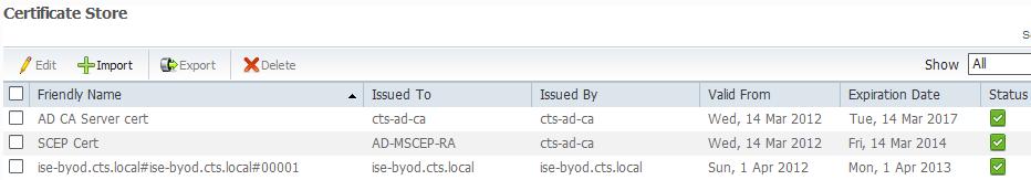 ISE BYOD Certificate Configuration SCEP Enrollment Profile and CA Certificate Import Administration > System > Certificates > SCEP CA Profiles The SCEP server certificate and CA and RA