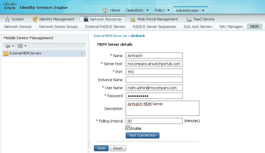 MDM Connection Screen Adding MDM Server to ISE Must