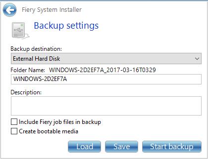 13 Clear the option to include job files resident on the Fiery proserver in the system backup. Clear the option to create bootable media. It is recommended that you do not create a bootable backup.
