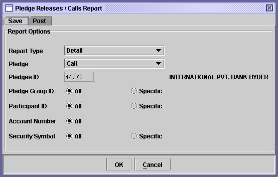 6.3.1 Pledge Release / Call Report The Pledge Release Call Report option, which is displayed when the Pledge Reports menu item on the Reports menu is highlighted, enables the user to display or print