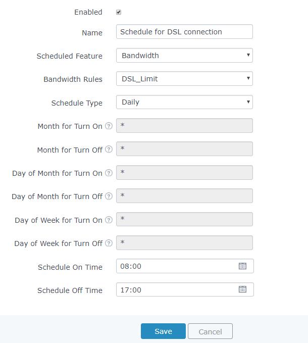Schedule Users can use the schedule configuration menu to set specific schedule for GWN features (bandwidth rules, access control), while giving the flexibility to specify the date and time to turn