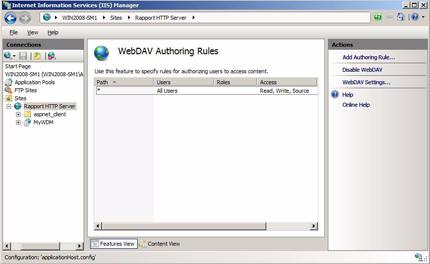 To verify WebDAV status: Navigate to Start > Administrative Tools > Internet Information Services (IIS) Manager. to open the IIS Manager window.