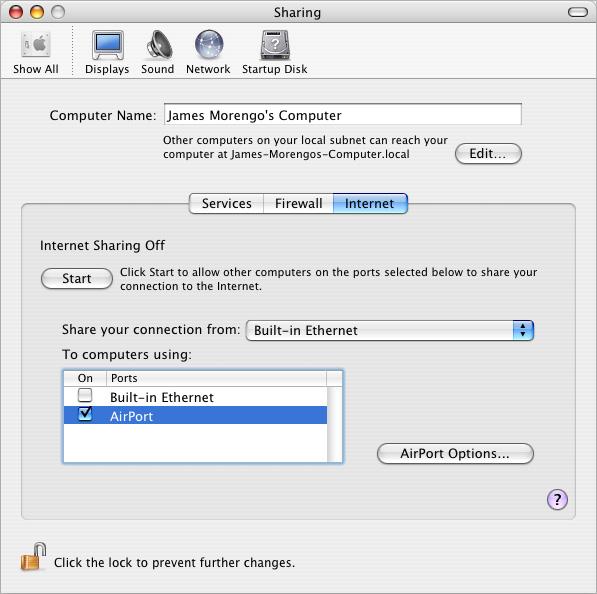 To start Internet sharing: 1 Open System Preferences, click Sharing, and then click Internet. 2 Select how you would like to share your Internet connection, then click Start.